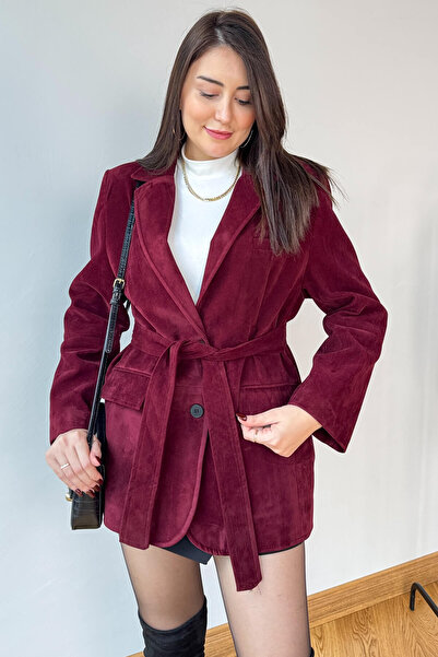 Cappmoda Ckt-250561 Burgundy Lined Belted Suede Blazer Jacket