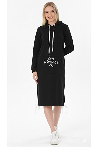 Afri Rochie lungă pentru femei Happy Women's Day, neagră, cu cu glugă buzunare