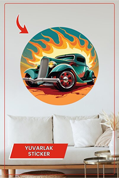 KOSS Dijital Autocolant rotund pentru mașină clasică retro, model cu flacără,...