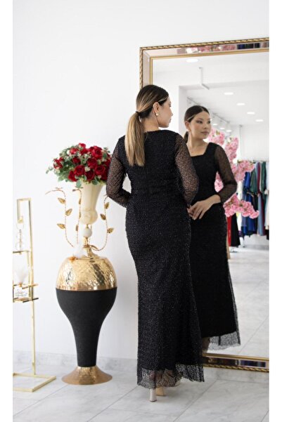 CAREZZA Isolde - Kare Yaka Payet İşlemeli Abiye - Siyah