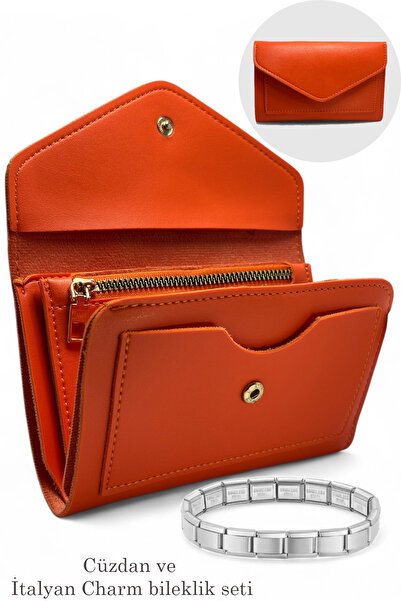 EVVELİ Kadın Orta boy Zarf Model Cüzdan ve İtalyan Charm Çelik Bileklik Seti