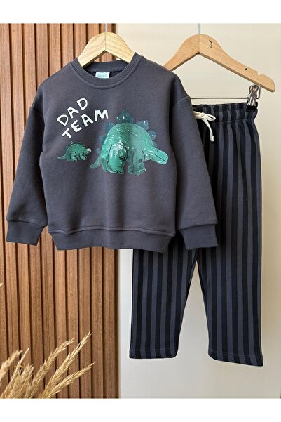 Magu Erkek Çocuk Pamuklu Gri Sevimli Hayvancık Baskılı Sweatshirt - Dad Team Yazılı