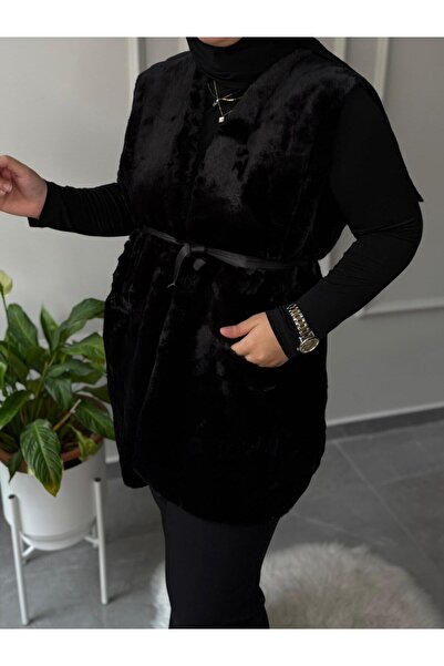 afife MARKA BÜYÜK BEDEN CEPLİ SIFIR KOLLU SİYAH PELUŞ YELEK