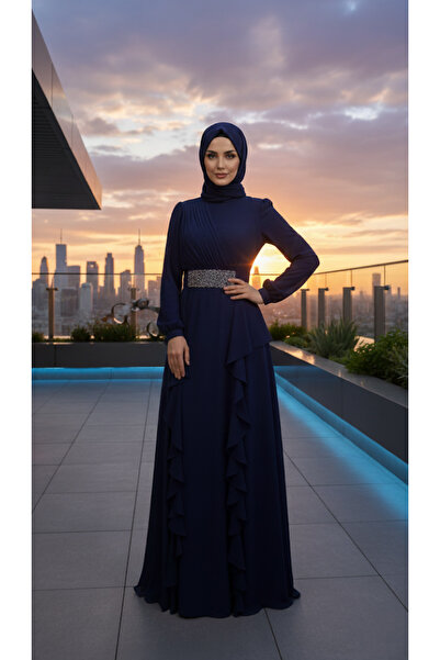 ALA MİRA Şifon Kemeri Taşlı Lacivert Tesettür Abiye Elbise ALM52005L