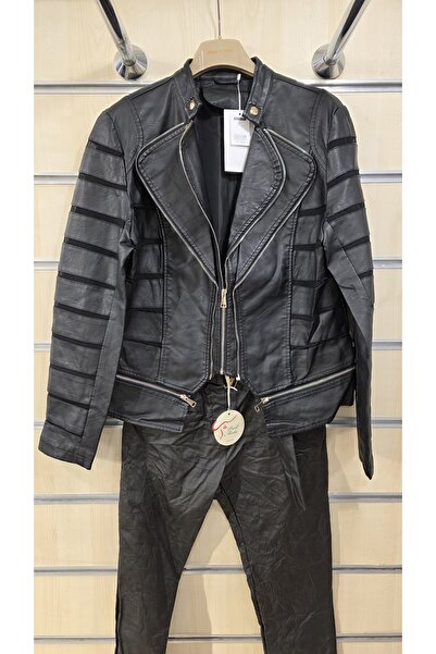 Park Moda Deri Ceket Kolu Tüy Detaylı