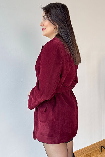 Cappmoda Ckt-250561 Burgundy Lined Belted Suede Blazer Jacket