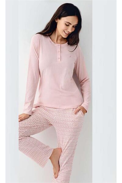 Pierre Cardin 9080 Women's Buttoned Crew Neck Long Sleeve Pajama Set-Pink