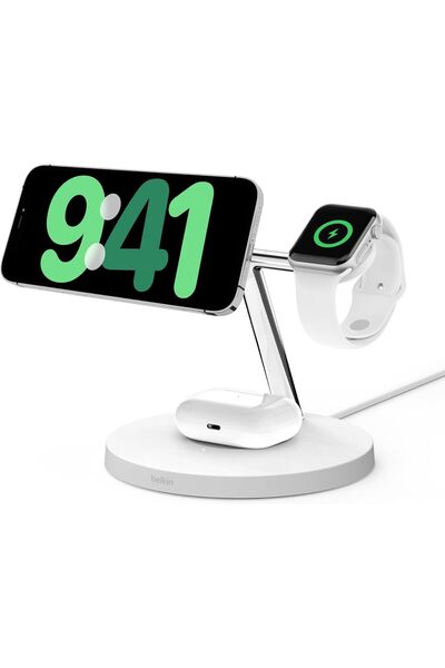 Belkin شاحن لاسلكي BoostCharge Pro 3 في 1 مع Qi2 لأجهزة iPhone 17 وAir و16 و15 و14 و13 و12 + تطبيق