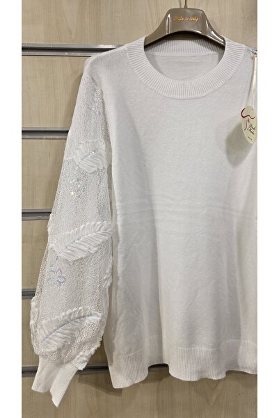 Park Moda Πλεκτό πουλόβερ με λεπτομέρειες από δαντέλα και πούλιες στα μανίκια