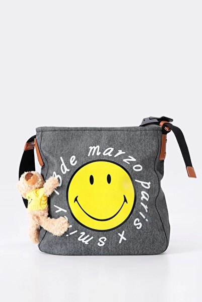 ÇÇS Women's Denim Fabric Emoji Printed Teddy Bear Accessory Detailed Zipper Closure Shoulder Bag