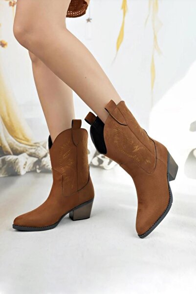 Preshley Γυναικείες μπότες καουμπόη με τακούνι 5 εκ. με κέντημα Doly Taba Suede