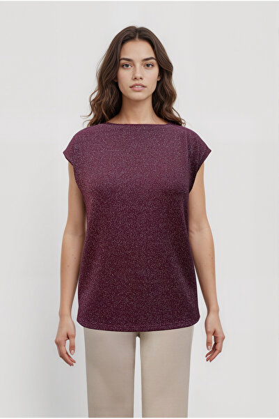 WESTMARK LONDON تي شيرت نسائي بأكمام قصيرة وياقة دائرية بلون أحمر داكن مع لمعان SKY GLITTER S/S TOP