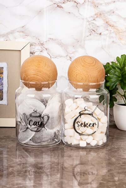 Minya Home 2-Piece Modern Wooden Lid Tea & Sugar Storage Jar Set with Labels ...