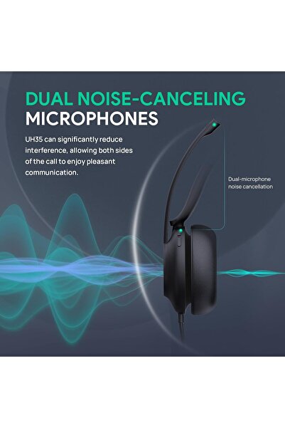Yealink سماعة رأس احترافية UH35 بمنفذ USB، سماعة رأس سلكية مزدوجة مع ميكروفون لإلغاء الضوضاء، ومكالمات
