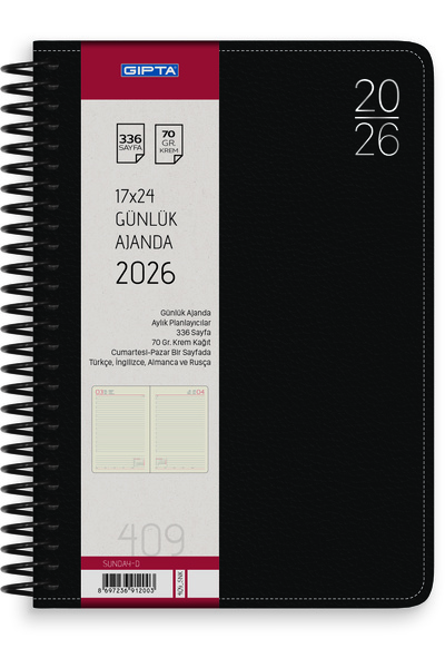 Gıpta 2026 409-SNK SUNDAY Diary Plastik Spiralli - Deri Sert Kapak 17x24 Günl...