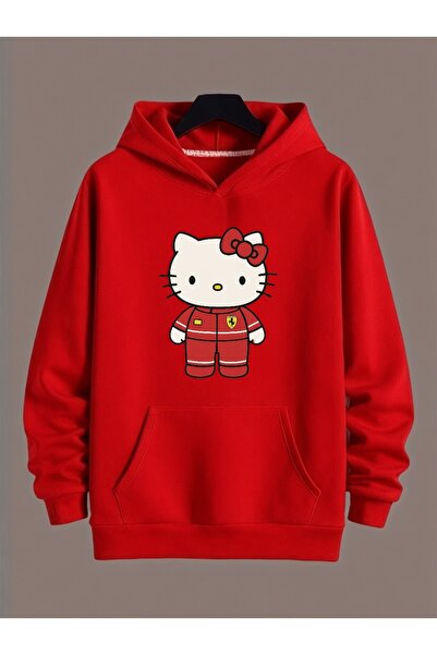 ArtYus Unisex Kitty Ferrari Renkli Özel Baskılı Pamuklu Oversize Kapüşonlu Sweatshirt