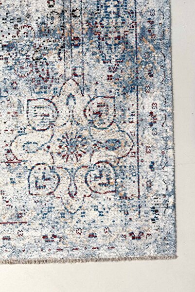 Pastel Home Vintage Mavi Şönil Halı Kilim Yolluk Kaymaz Saçaklı Yıkanabilir Salon Oturma Yatak Odası Mutfak