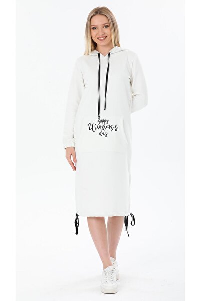 Afri Rochie lungă pentru femei Happy Women's Day, albă, cu cu glugă buzunare