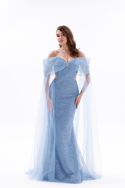 BDM Exclusive Drapeli Taş Detaylı Tül Payet Pelerinli Uzun Abiye Elbise (