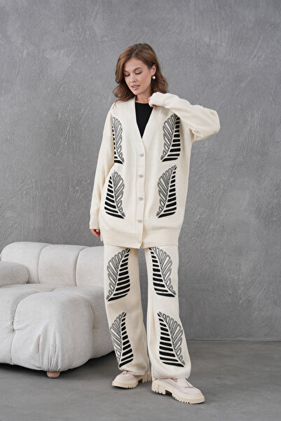 Miss Allos Women's Beaded and Embroidered Wide-Fit Knitwear Cardigan and Pants Top and Bottom Set