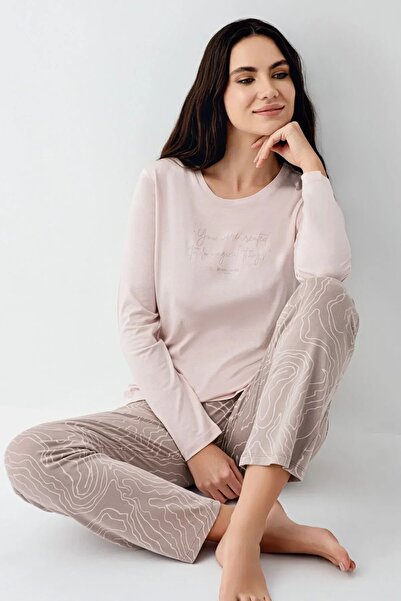 Pierre Cardin 9096 Women's Long Sleeve Crew Neck Pajama Set-Pink