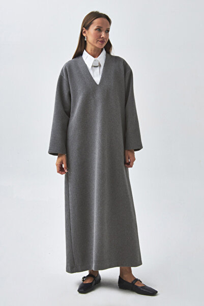 ZÜLAYS V Yaka Çizgi Dokulu Elbise Antrasit