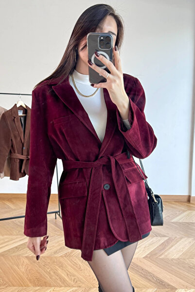 Cappmoda Ckt-250561 Burgundy Lined Belted Suede Blazer Jacket