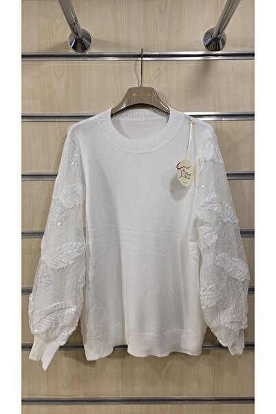 Park Moda Πλεκτό πουλόβερ με λεπτομέρειες από δαντέλα και πούλιες στα μανίκια