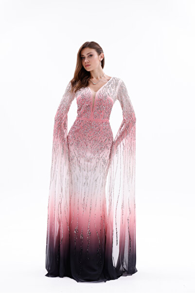 BDM Exclusive V Yaka Taş İşlemeli Degrade Desenli Uzun Kollu Şifon Abiye Elbise