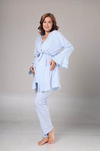 Lohusa Dünyasi i Kadın Mavi Kruvaze Pamuklu Uzun Kol Lohusa Hamile 3'lü Pijama Takım Set