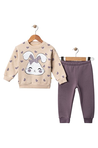 Bobişko Kız Çocuk Kışlık Tavşancık Baskılı Eşofman Takımı | 3 İplik Şardonlu