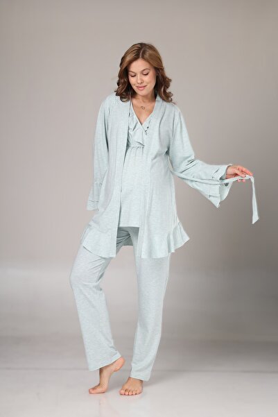 Genel Markalar i Kadın Mint Yeşili Kruvaze Pamuklu Uzun Kol Lohusa Hamile 3'lü Pijama Takım Set