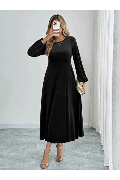 Genel Markalar Kadın Uzun Kollu Bisiklet Yaka Midi Kadife Elbise