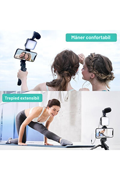 VLOGLITE Kit Vlogging cu Trepied Stabil cu Lumină LED Reglabilă, Microfon și Telecomandă Bluetooth – Negru