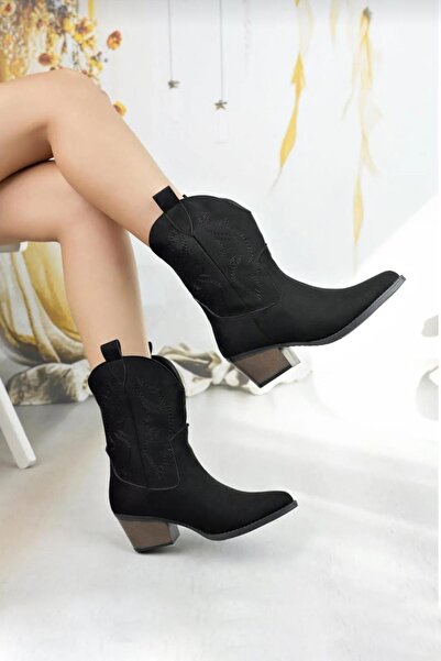 Preshley Women's Doly Black Suede Embroidered 5 cm Heeled Cowboy Boots
