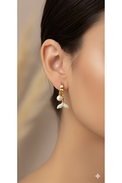 MR Deniz Kızı Kuyruğu Gold İnci Küpe