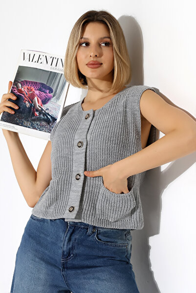 Devinka Жіночий короткий трикотажний жилет з 4 ґудзиками та кишенями