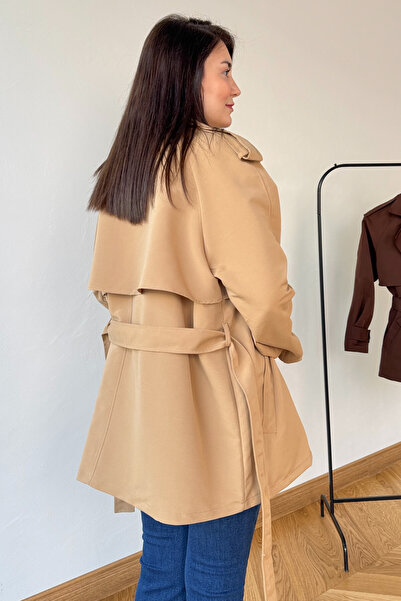 Cappmoda Ckt-12468 Mink Belted Medium Length Epaulet Trench Coat