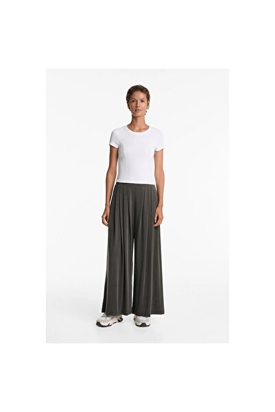 Mokşa Women's High Waist Pleated Smoked Modal Blend Wide Leg Long Pants