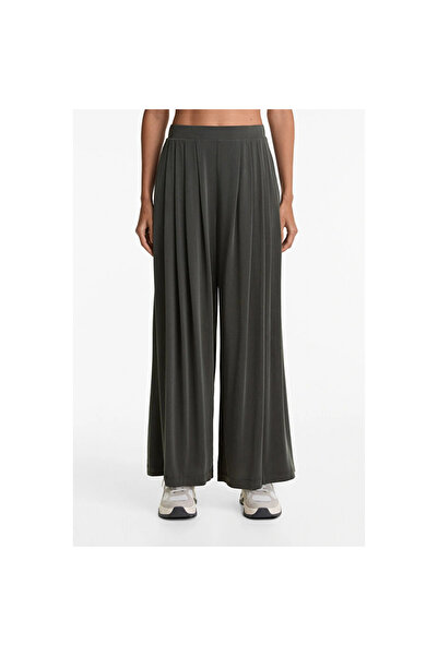 Mokşa Women's High Waist Pleated Smoked Modal Blend Wide Leg Long Pants