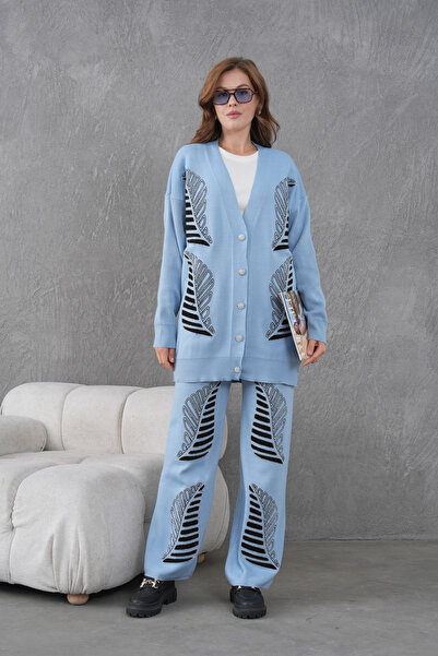 Miss Allos Women's Beaded and Embroidered Wide-Fit Knitwear Cardigan and Pants Top and Bottom Set