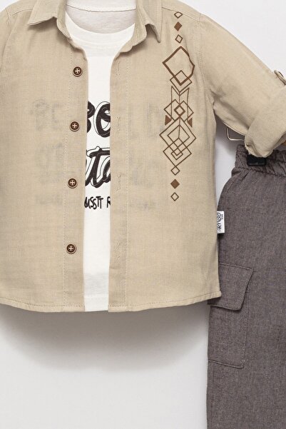 ETİC MODA Boy's 3-Piece Combination Set – Embroidered Shirt, T-Shirt, and Pants