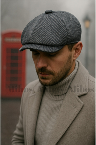 Mihos Erkek Balıksırtı Desenli Kasket Şapka – Dökümlü 8 Parça İngiliz Kasket