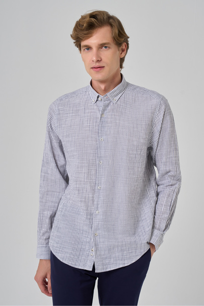 Morven Чоловіча сіра бавовняна сорочка з смужками Dynamic Fit та ґудзиковим коміром