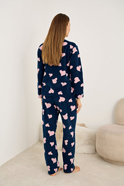 Siyah İnci Синьо-рожевий з сердечками Polar Зимовий трикотажний піжамний комплект