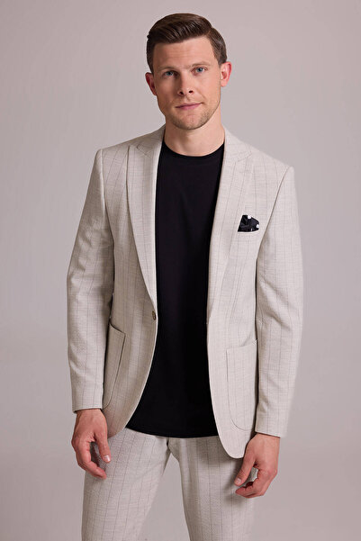 Ysf بدلة رجالية بيج ضيقة مخططة بزر واحد مع بنطلون جوجر