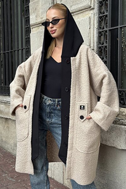 VAGGON Women's Beige Hooded Double Pocket Button Closure Cashmere Coat Vs01288