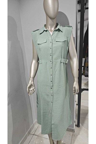 DISHI FASHİON Zero-Collar Buttoned Waist Belted Cotton Linen Fabric Shirt Dress Plus Size
