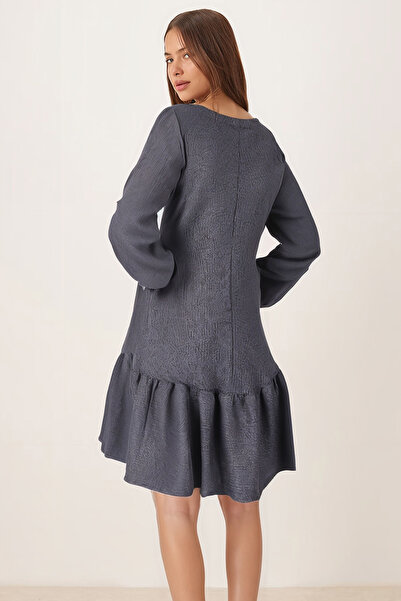 armonika Kadın Füme U Yaka Uzun Kollu Etek Ucu Fırfırlı Likralı Elbise ARM-26K001012