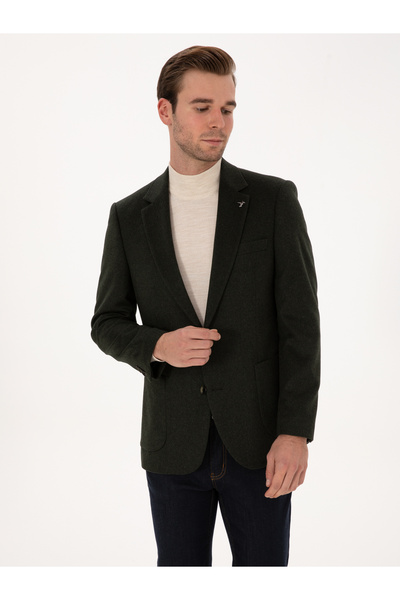 Cacharel Koyu Haki Slim Fit %100 Kaşmir Flanel Ceket 50314254-VR111